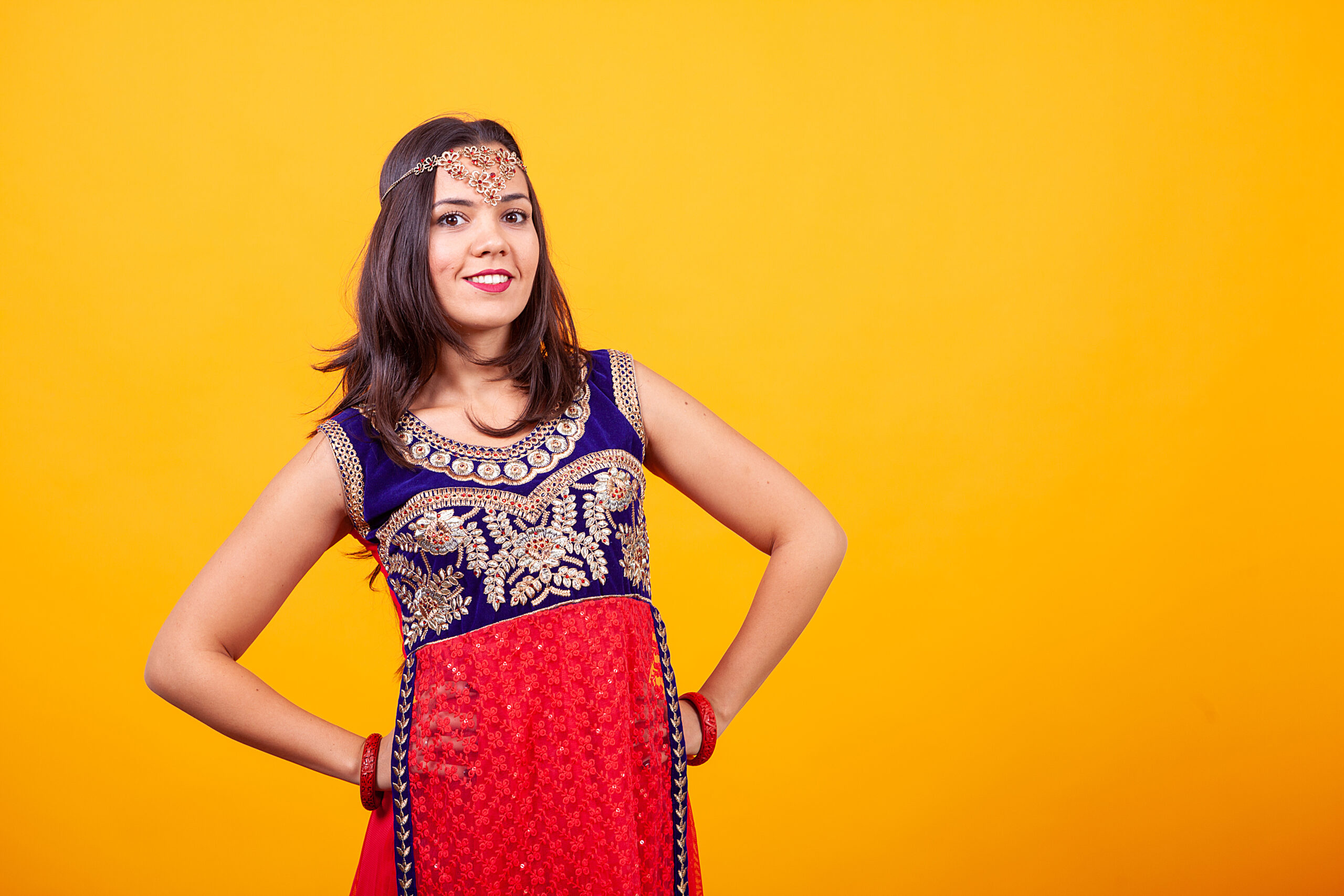 Beautiful young woman wearing arabic ethnic costume. Foreign culture