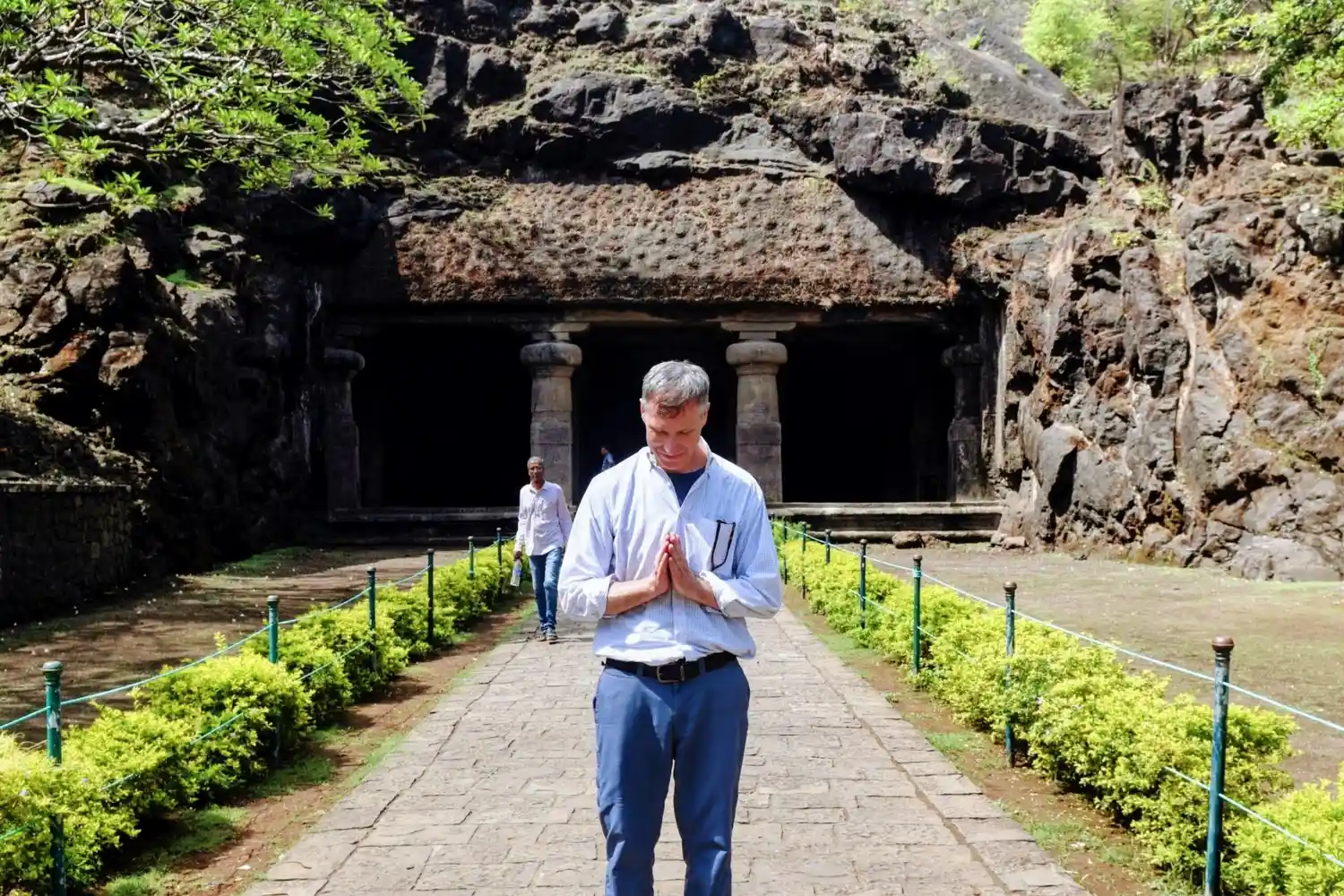 A peaceful moment at the entrance of the Elephanta Gufa on our private Elephanta Caves tour from Mumbai