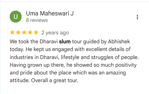 5 star Google reviews for Dharavi local tour and Dharavi slum tour by Cityscape Mumbai Tours Mumbai