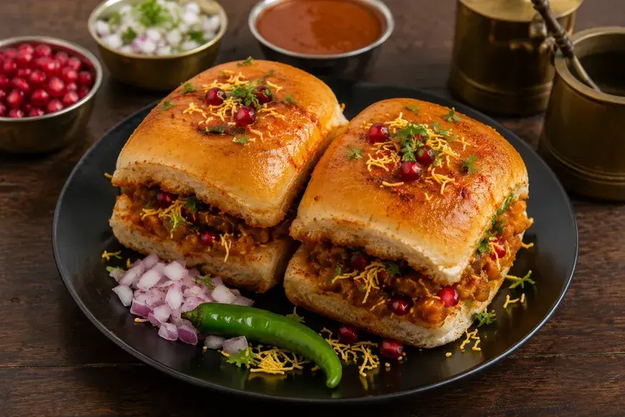 Stuffed Dabeli pav topped with sev, pomegranate seeds and coriander, served with onions and green chilli - Cityscape Mumbai Tours food guide