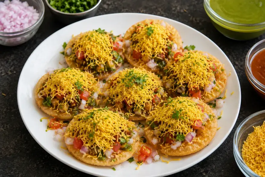 Crispy Sev Puri topped with onions, tomatoes, chutneys and sev, served on a white plate - Cityscape Mumbai Tours food guide