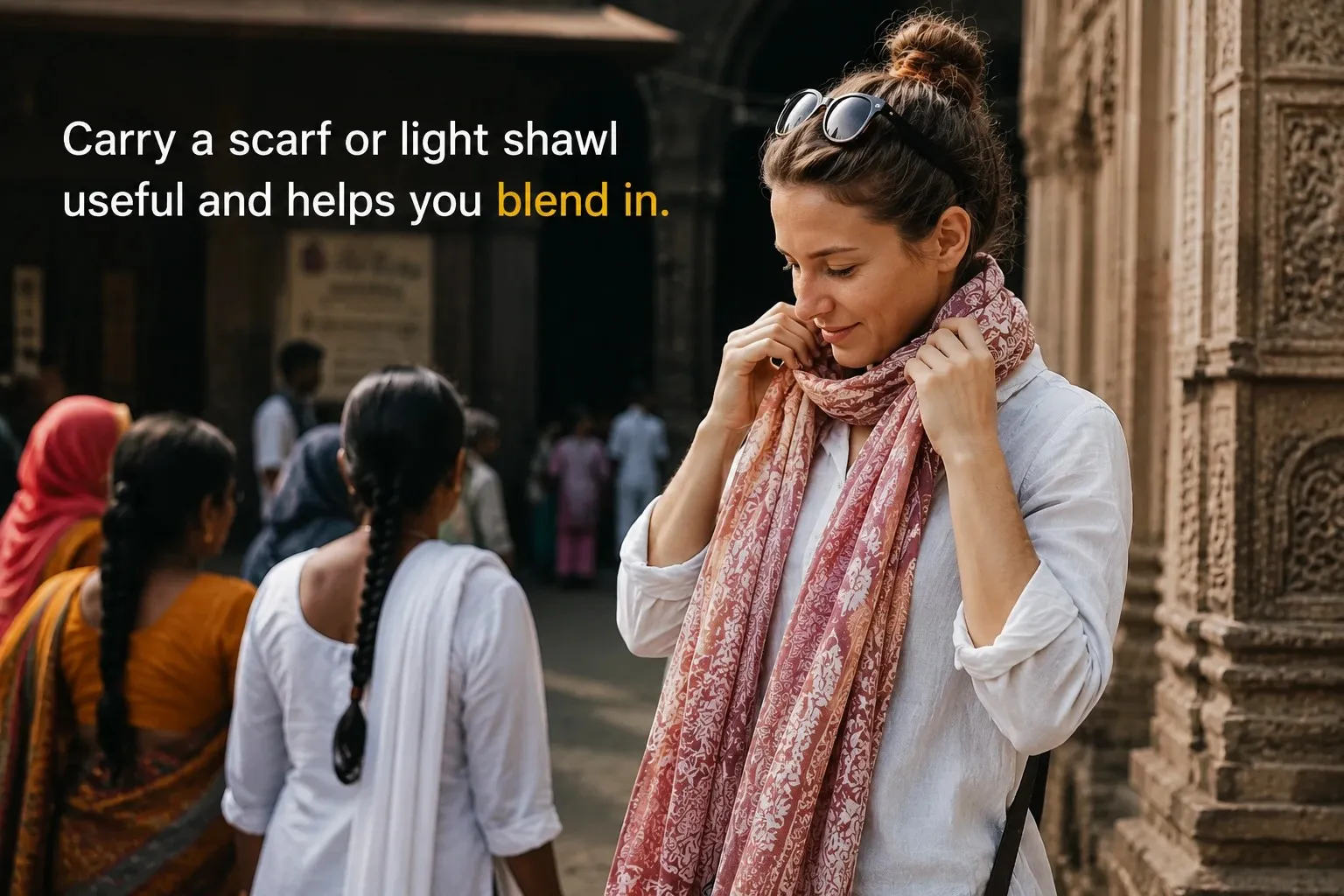 Foreign woman wearing a scarf while sightseeing in Mumbai, a helpful tip for solo female travellers to blend in