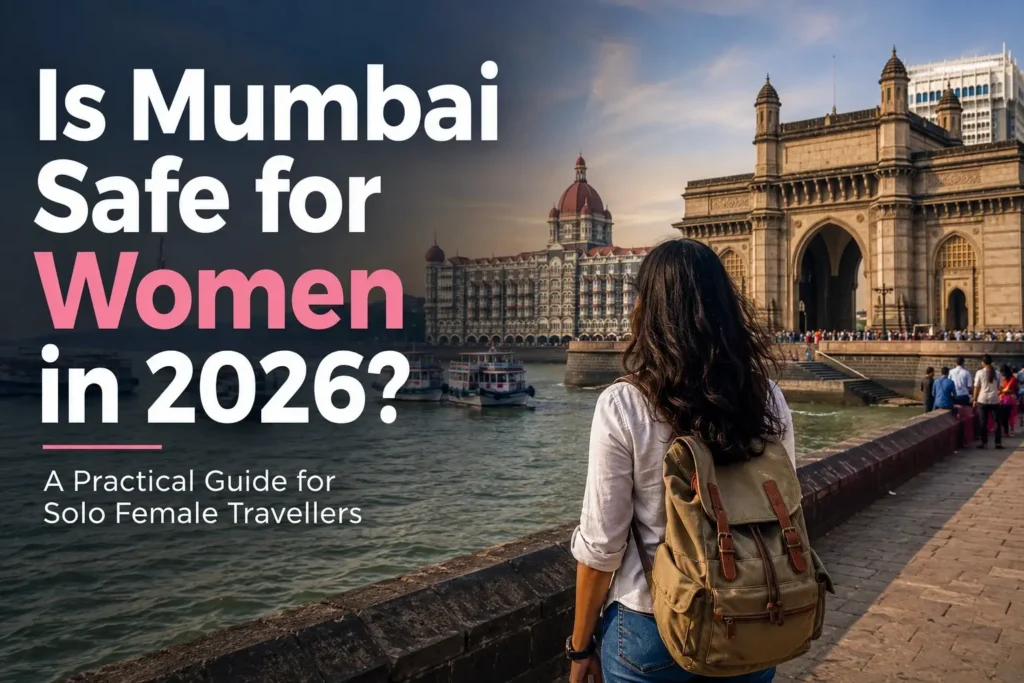 Solo female traveller with backpack looking at Gateway of India and Taj Mahal Palace Hotel in Mumbai, Cityscape Mumbai Tours
