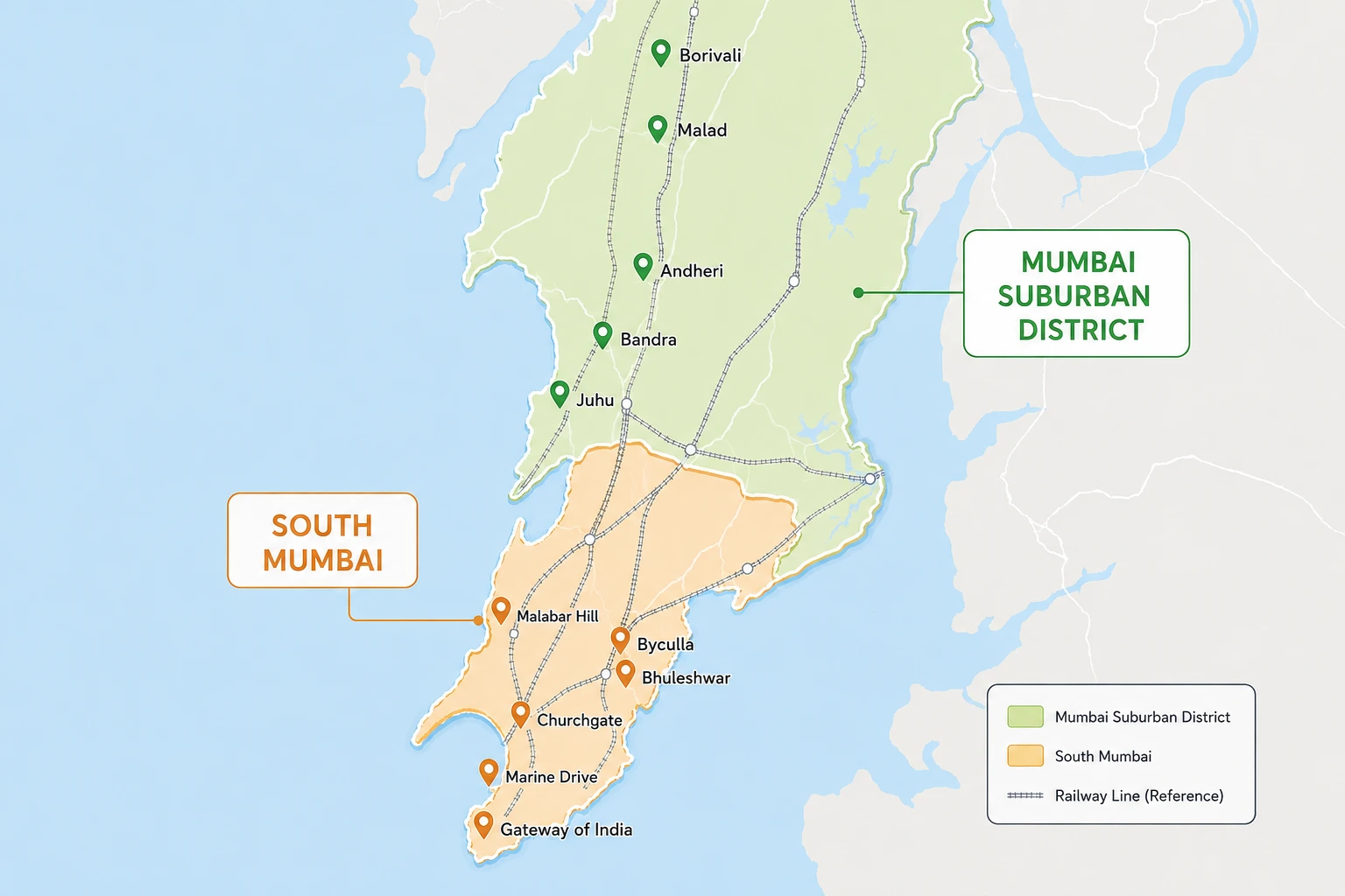 Map of Mumbai showing South Mumbai and Mumbai Suburban District with key areas like Bandra, Andheri, Malabar Hill, Marine Drive and Gateway of India