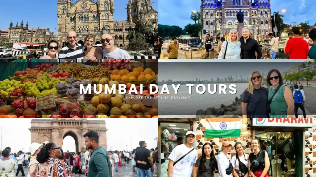 Collage of Mumbai day tour highlights including travellers at CSMT, a local fruit market, Marine Drive, Gateway of India, and the Dharavi shopfront