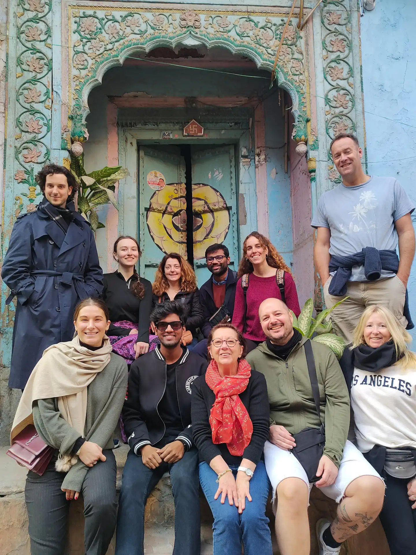Our group gathered at one of Old Delhi's beautifully painted haveli doorways, a highlight of this old delhi sightseeing walk.