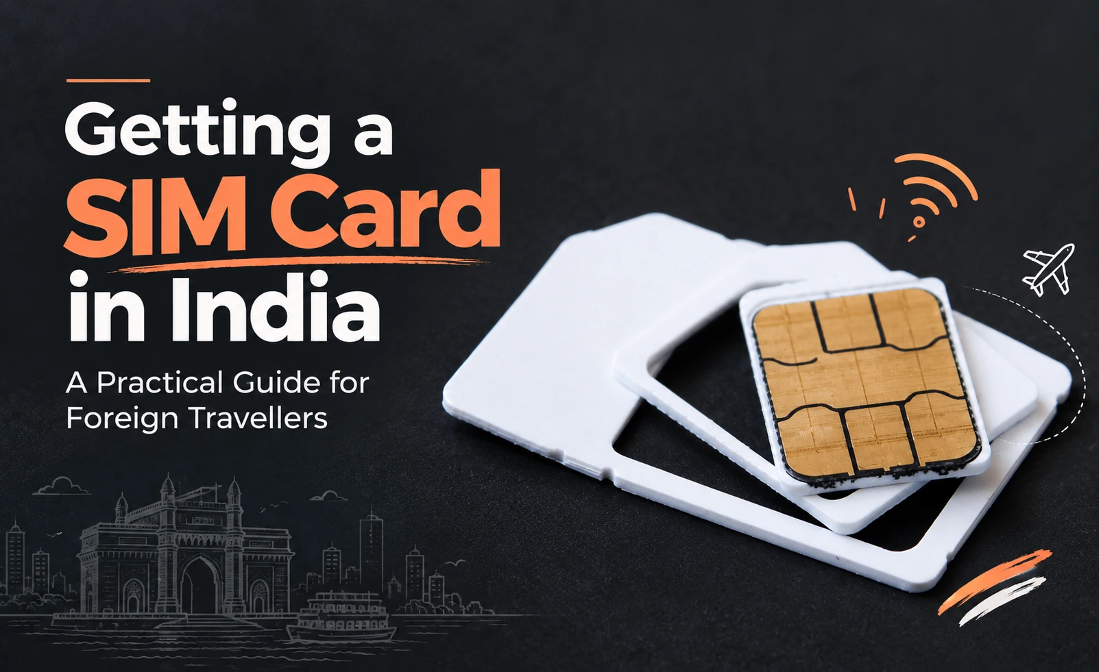 Indian SIM card and cut SIM tray with Mumbai skyline outline, representing a practical guide on getting a SIM card for foreigners in India by Cityscape Mumbai Tours.